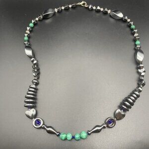 Hematite Malachite Obsidian Necklace Glass Beads 22” Various Shape Beads Hearts